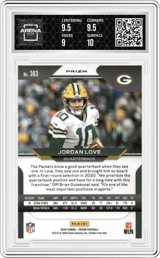 Jordan Love from the 2020 Panini Prizm set featuring a Light Blue Prizm parallel graded by Arena Club and given an overall grade of 9.5.