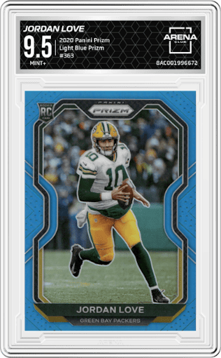 Jordan Love from the 2020 Panini Prizm set featuring a Light Blue Prizm parallel graded by Arena Club and given an overall grade of 9.5.