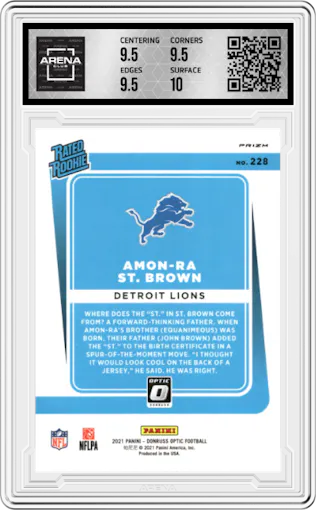 Amon-Ra St. Brown from the 2021 Panini Donruss Optic set featuring a Blue Scope parallel graded by Arena Club and given an overall grade of 10.