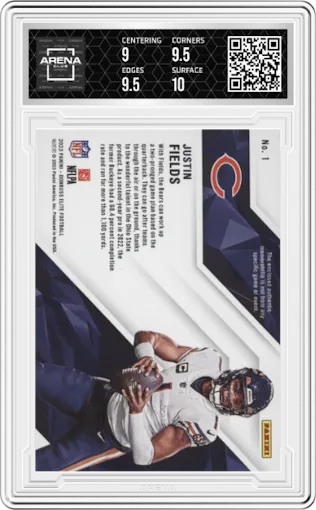 Justin Fields from the 2023 Donruss Elite set graded by Arena Club and given an overall grade of 9.5.