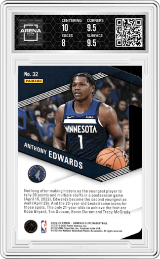 Anthony Edwards from the 2022-23 Donruss Elite set featuring a Orange Die-Cut parallel graded by Arena Club and given an overall grade of 8.5.
