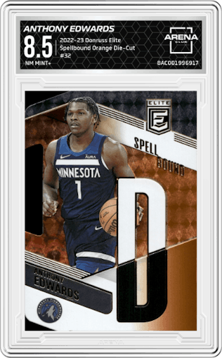Anthony Edwards from the 2022-23 Donruss Elite set featuring a Orange Die-Cut parallel graded by Arena Club and given an overall grade of 8.5.