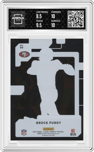 Brock Purdy from the 2022 Clearly Donruss set graded by Arena Club and given an overall grade of 9.