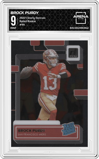 Brock Purdy from the 2022 Clearly Donruss set graded by Arena Club and given an overall grade of 9.