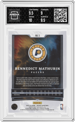 Bennedict Mathurin from the 2022-23 Panini Origins set featuring a Red parallel graded by Arena Club and given an overall grade of 9.5.