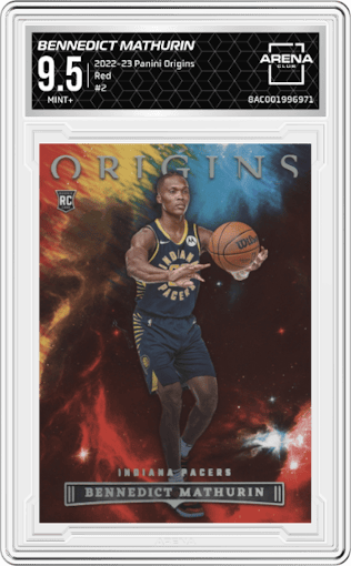 Bennedict Mathurin from the 2022-23 Panini Origins set featuring a Red parallel graded by Arena Club and given an overall grade of 9.5.