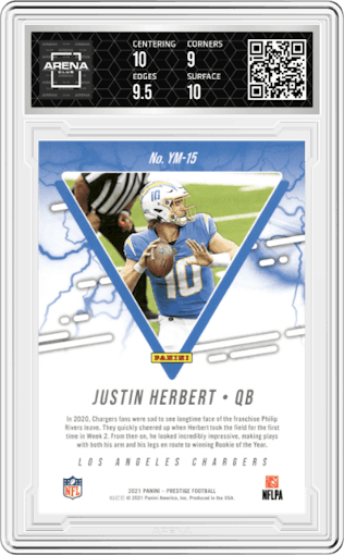 Justin Herbert from the 2021 Panini Prestige set graded by Arena Club and given an overall grade of 9.5.