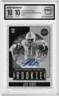 Josh Downs from the 2023 Panini Legacy set featuring a Black/White parallel graded by Arena Club and given an overall grade of 10.
