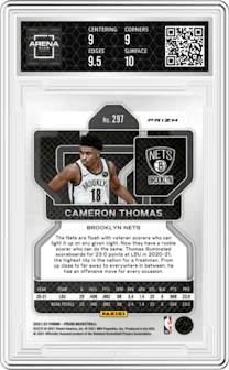 Cameron Thomas from the 2021-22 Panini Prizm  set featuring a Green Prizm parallel graded by Arena Club and given an overall grade of 9.5.