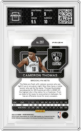 Cameron Thomas from the 2021-22 Panini Prizm  set featuring a Green Prizm parallel graded by Arena Club and given an overall grade of 9.5.
