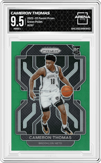 Cameron Thomas from the 2021-22 Panini Prizm  set featuring a Green Prizm parallel graded by Arena Club and given an overall grade of 9.5.