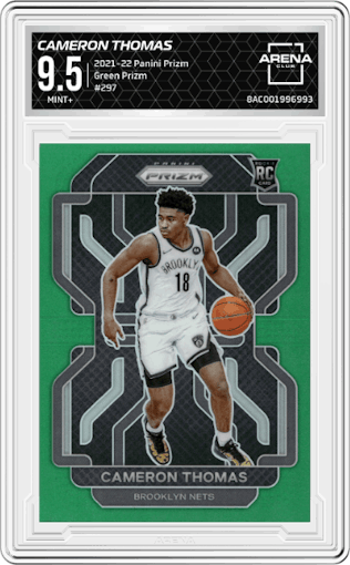 Cameron Thomas from the 2021-22 Panini Prizm  set featuring a Green Prizm parallel graded by Arena Club and given an overall grade of 9.5.