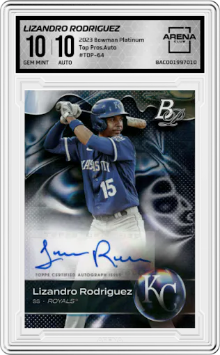 Lizandro Rodriguez from the 2023 Bowman Platinum set graded by Arena Club and given an overall grade of 10.