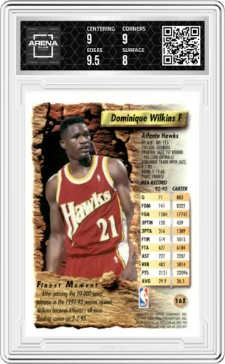 Dominique Wilkins from the 1993-94 Topps Finest  set graded by Arena Club and given an overall grade of 8.5.