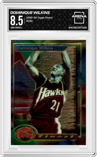 Dominique Wilkins from the 1993-94 Topps Finest  set graded by Arena Club and given an overall grade of 8.5.