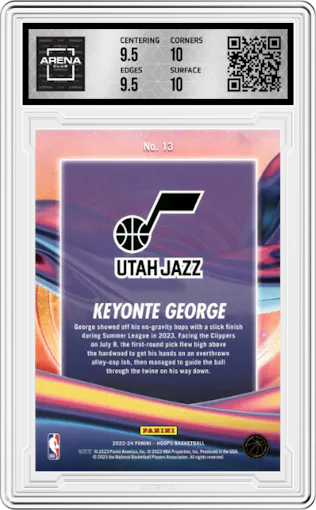 Keyonte George from the 2023-24 Panini NBA Hoops set featuring a Artist Proof parallel graded by Arena Club and given an overall grade of 10.