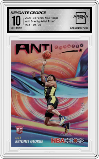 Keyonte George from the 2023-24 Panini NBA Hoops set featuring a Artist Proof parallel graded by Arena Club and given an overall grade of 10.