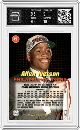 Allen Iverson from the 1996-97 Stadium Club set graded by Arena Club and given an overall grade of 9.5.