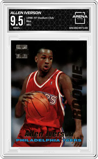 Allen Iverson from the 1996-97 Stadium Club set graded by Arena Club and given an overall grade of 9.5.