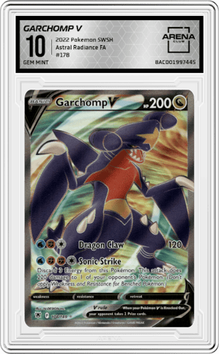 Garchomp V from the 2022 Pokemon SWSH set graded by Arena Club and given an overall grade of 10.