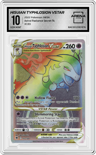 Hisuian Typhlosion VSTAR from the 2022 Pokemon SWSH set graded by Arena Club and given an overall grade of 10.
