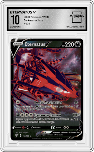 Eternatus V from the 2020 Pokemon SWSH set graded by Arena Club and given an overall grade of 10.
