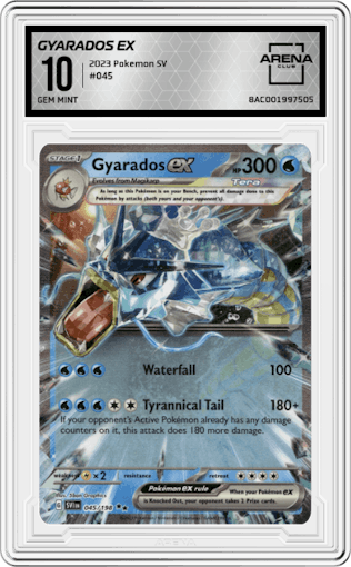Gyarados EX from the 2023 Pokemon SV set graded by Arena Club and given an overall grade of 10.
