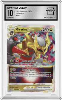 Giratina VSTAR from the 2022 Pokemon SWSH set graded by Arena Club and given an overall grade of 10.