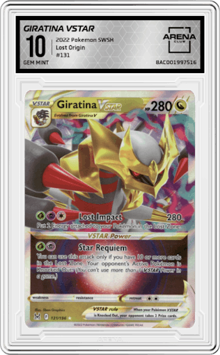Giratina VSTAR from the 2022 Pokemon SWSH set graded by Arena Club and given an overall grade of 10.