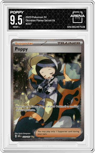 Poppy from the 2023 Pokemon SV set graded by Arena Club and given an overall grade of 9.5.