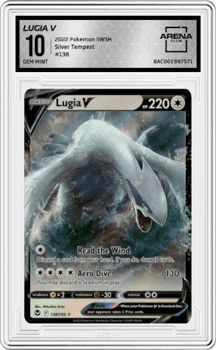 Lugia V from the 2022 Pokemon SWSH set graded by Arena Club and given an overall grade of 10.