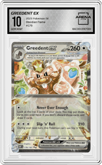 Greedent ex from the 2023 Pokemon SV set graded by Arena Club and given an overall grade of 10.