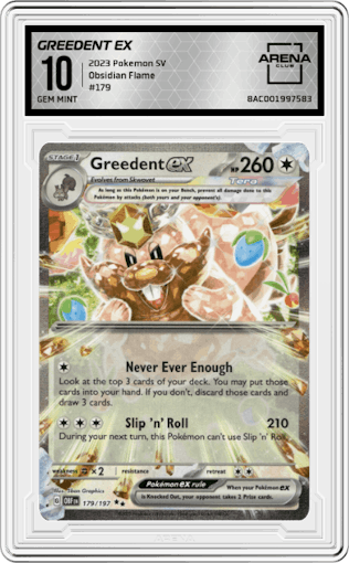 Greedent ex from the 2023 Pokemon SV set graded by Arena Club and given an overall grade of 10.