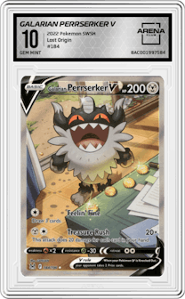 Galarian Perrserker V from the 2022 Pokemon SWSH set graded by Arena Club and given an overall grade of 10.