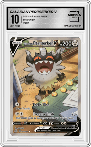 Galarian Perrserker V from the 2022 Pokemon SWSH set graded by Arena Club and given an overall grade of 10.