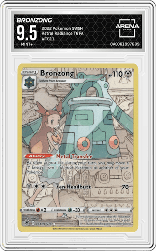 Bronzong from the 2022 Pokemon SWSH set graded by Arena Club and given an overall grade of 9.5.