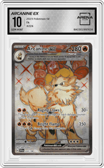Arcanine EX from the 2023 Pokemon SV set graded by Arena Club and given an overall grade of 10.