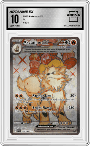 Arcanine EX from the 2023 Pokemon SV set graded by Arena Club and given an overall grade of 10.