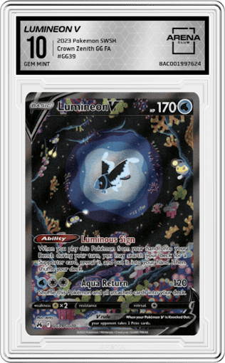 Lumineon V from the 2023 Pokemon SWSH set graded by Arena Club and given an overall grade of 10.
