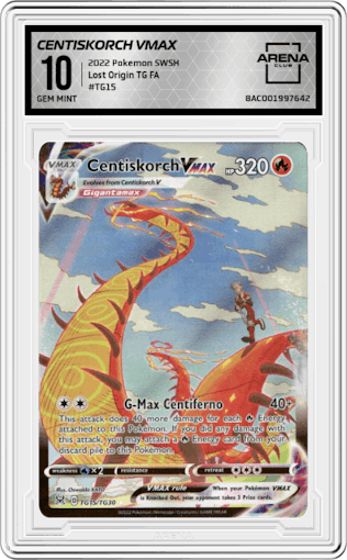 Centiskorch VMAX from the 2022 Pokemon SWSH set graded by Arena Club and given an overall grade of 10.