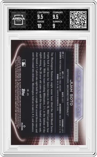 Juan Soto from the 2021 Topps Stadium Club set graded by Arena Club and given an overall grade of 9.5.