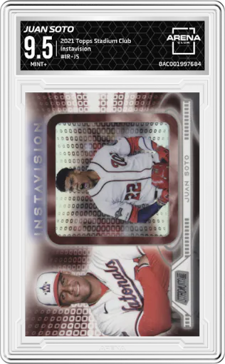 Juan Soto from the 2021 Topps Stadium Club set graded by Arena Club and given an overall grade of 9.5.