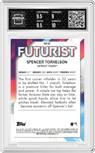 Spencer Torkelson from the 2021 Bowman Mega Box set graded by Arena Club and given an overall grade of 9.5.