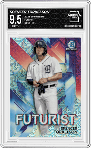 Spencer Torkelson from the 2021 Bowman Mega Box set graded by Arena Club and given an overall grade of 9.5.