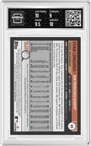 Evan Longoria from the 2021 Topps Big League set featuring a Black & White parallel graded by Arena Club and given an overall grade of 9.5.