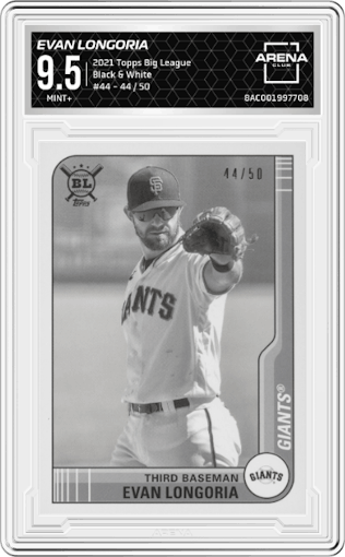 Evan Longoria from the 2021 Topps Big League set featuring a Black & White parallel graded by Arena Club and given an overall grade of 9.5.