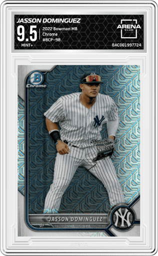Jasson Dominguez from the 2022 Bowman Mega Box set graded by Arena Club and given an overall grade of 9.5.