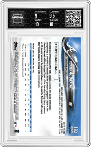 Ronald Acuna Jr. from the 2018 Topps Chrome set featuring a Pink Refractor parallel graded by Arena Club and given an overall grade of 9.5.