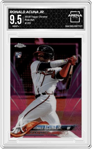 Ronald Acuna Jr. from the 2018 Topps Chrome set featuring a Pink Refractor parallel graded by Arena Club and given an overall grade of 9.5.
