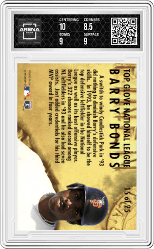Barry Bonds from the 1994 Fleer Ultra set graded by Arena Club and given an overall grade of 9.